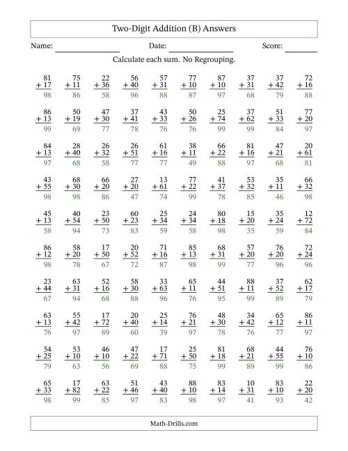 The Two-Digit Addition With No Regrouping – 100 Questions (B) Math Worksheet Page 2