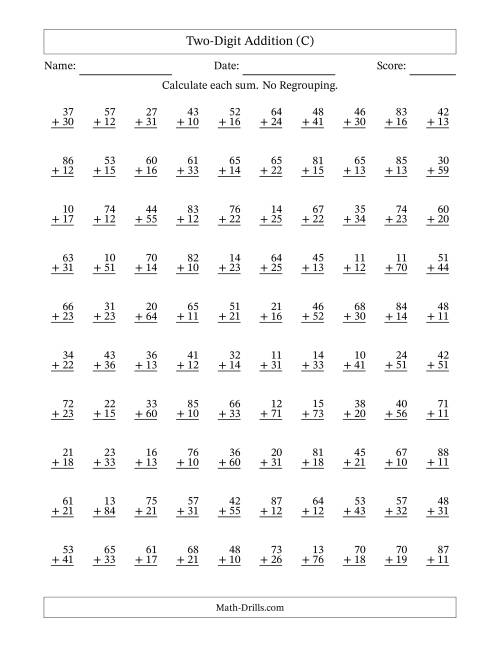 The Two-Digit Addition -- No Regrouping -- 100 Questions (C) Math Worksheet
