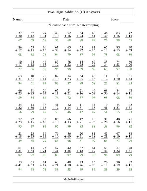 The Two-Digit Addition -- No Regrouping -- 100 Questions (C) Math Worksheet Page 2