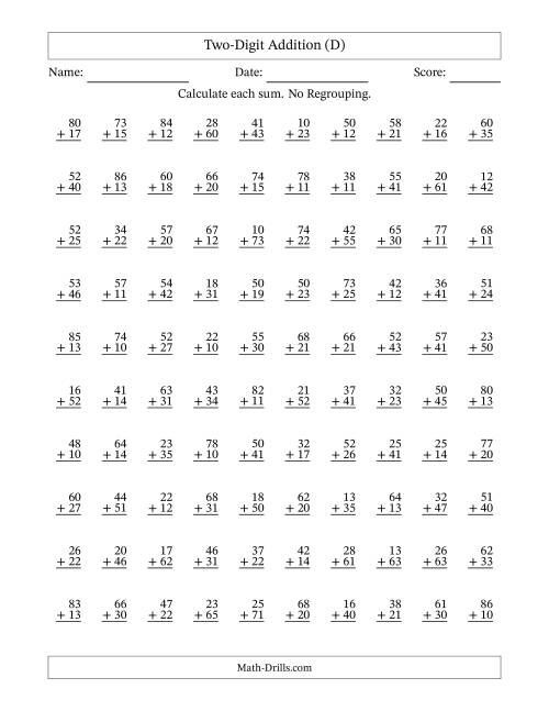 The Two-Digit Addition -- No Regrouping -- 100 Questions (D) Math Worksheet