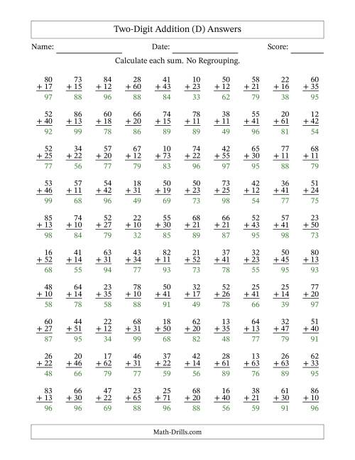 The Two-Digit Addition -- No Regrouping -- 100 Questions (D) Math Worksheet Page 2