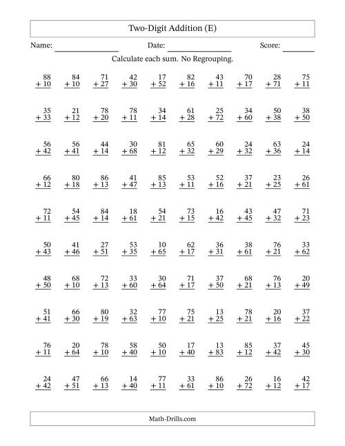 The Two-Digit Addition -- No Regrouping -- 100 Questions (E) Math Worksheet