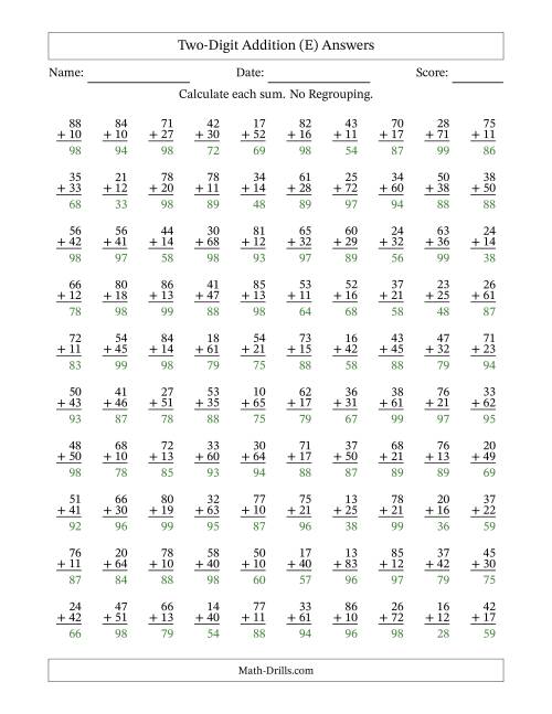 The Two-Digit Addition -- No Regrouping -- 100 Questions (E) Math Worksheet Page 2
