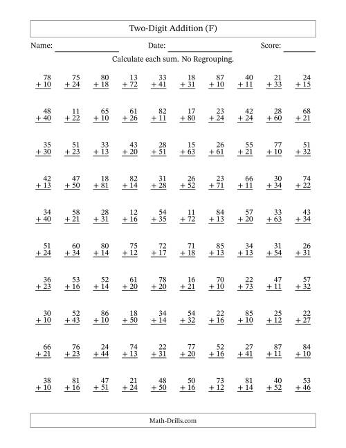 The Two-Digit Addition -- No Regrouping -- 100 Questions (F) Math Worksheet