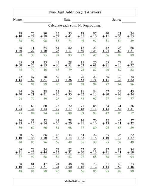 The Two-Digit Addition -- No Regrouping -- 100 Questions (F) Math Worksheet Page 2