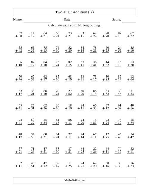 The Two-Digit Addition -- No Regrouping -- 100 Questions (G) Math Worksheet