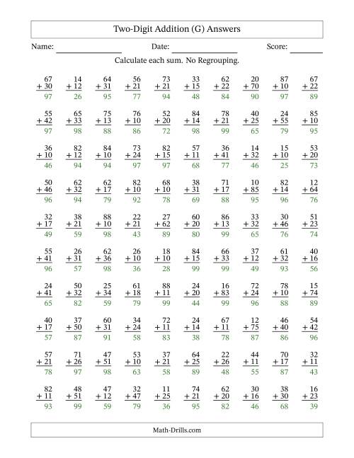 The Two-Digit Addition -- No Regrouping -- 100 Questions (G) Math Worksheet Page 2