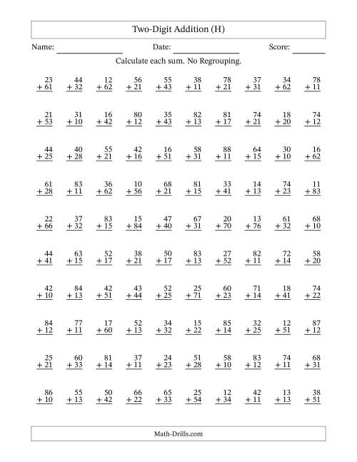 The Two-Digit Addition -- No Regrouping -- 100 Questions (H) Math Worksheet