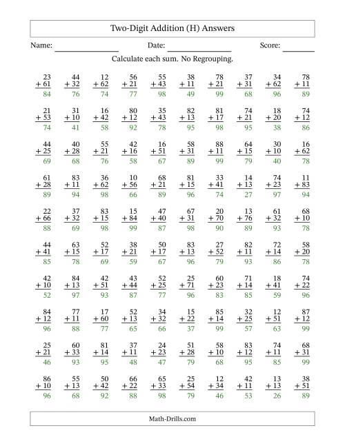 The Two-Digit Addition With No Regrouping – 100 Questions (H) Math Worksheet Page 2