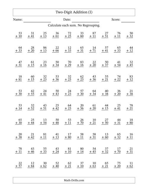 The Two-Digit Addition -- No Regrouping -- 100 Questions (I) Math Worksheet