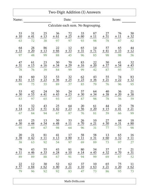 The Two-Digit Addition With No Regrouping – 100 Questions (I) Math Worksheet Page 2