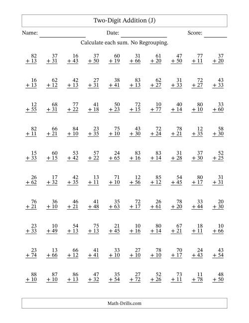 The Two-Digit Addition -- No Regrouping -- 100 Questions (J) Math Worksheet