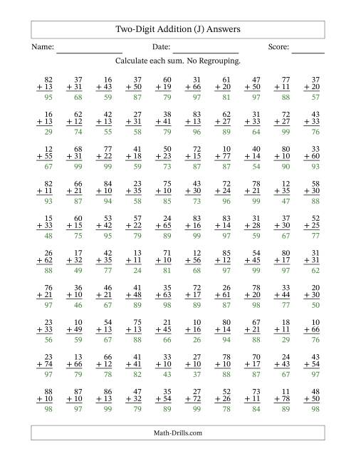 The Two-Digit Addition -- No Regrouping -- 100 Questions (J) Math Worksheet Page 2