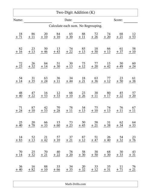 The Two-Digit Addition With No Regrouping – 100 Questions (K) Math Worksheet