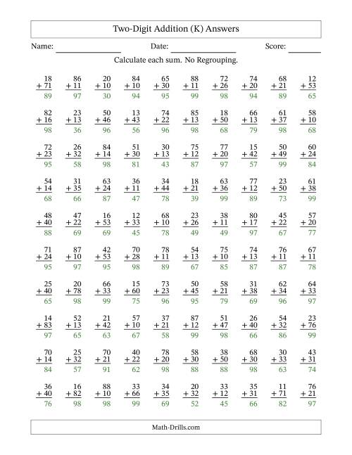The Two-Digit Addition -- No Regrouping -- 100 Questions (K) Math Worksheet Page 2
