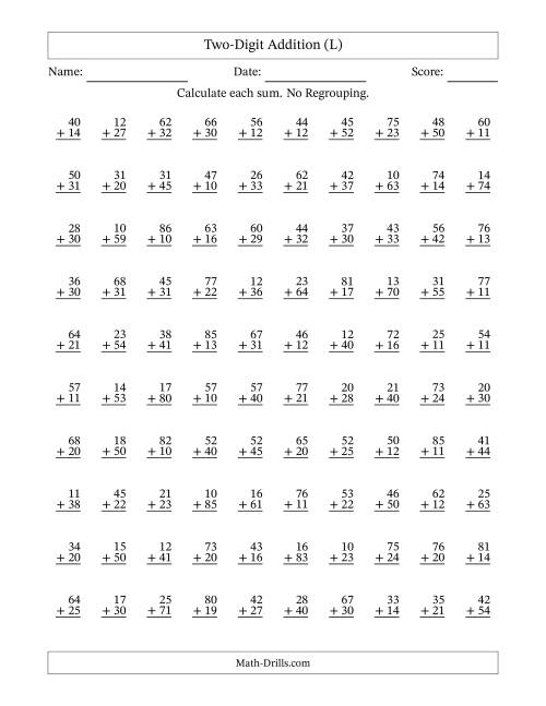The Two-Digit Addition -- No Regrouping -- 100 Questions (L) Math Worksheet