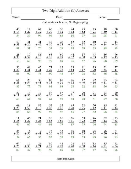 The Two-Digit Addition With No Regrouping – 100 Questions (L) Math Worksheet Page 2