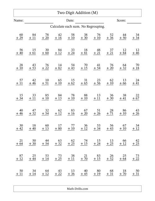 The Two-Digit Addition -- No Regrouping -- 100 Questions (M) Math Worksheet
