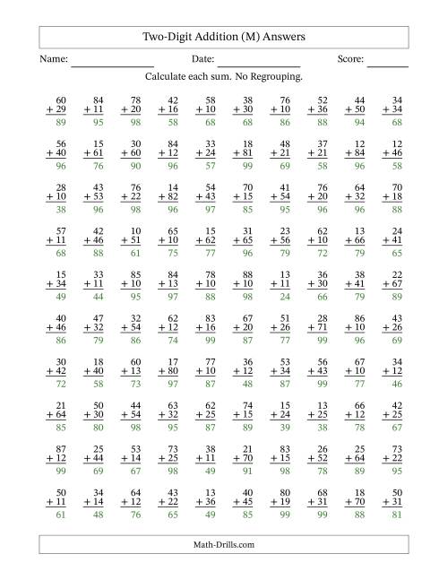 The Two-Digit Addition -- No Regrouping -- 100 Questions (M) Math Worksheet Page 2