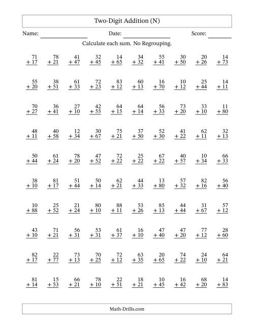The Two-Digit Addition -- No Regrouping -- 100 Questions (N) Math Worksheet