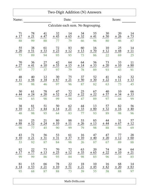 The Two-Digit Addition -- No Regrouping -- 100 Questions (N) Math Worksheet Page 2