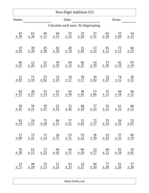The Two-Digit Addition -- No Regrouping -- 100 Questions (O) Math Worksheet