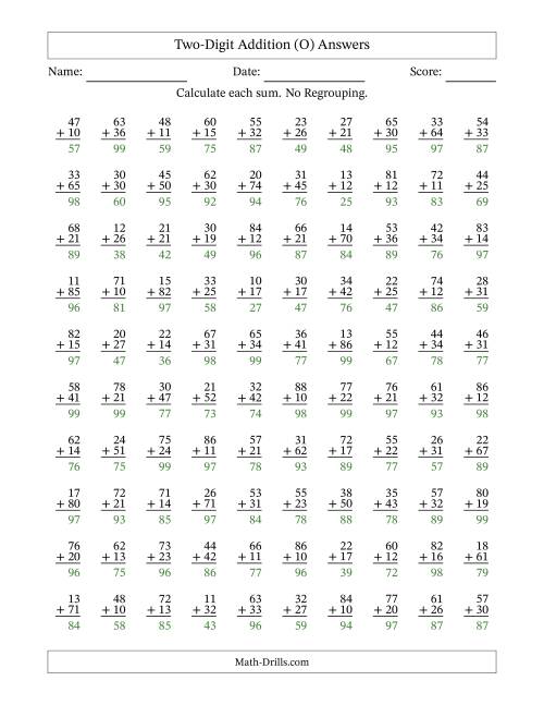 The Two-Digit Addition With No Regrouping – 100 Questions (O) Math Worksheet Page 2