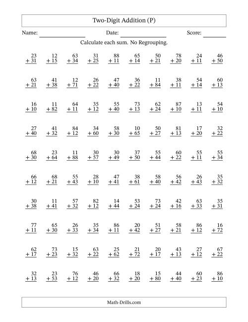 The Two-Digit Addition -- No Regrouping -- 100 Questions (P) Math Worksheet