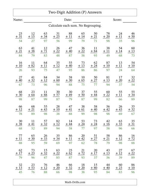 The Two-Digit Addition With No Regrouping – 100 Questions (P) Math Worksheet Page 2