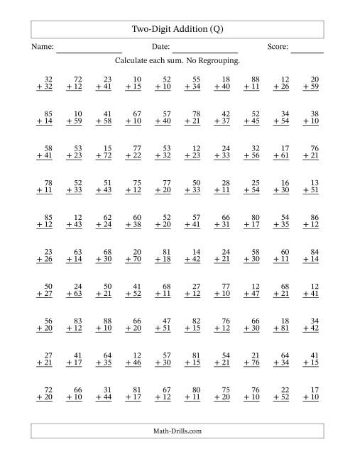 The Two-Digit Addition -- No Regrouping -- 100 Questions (Q) Math Worksheet
