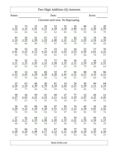The Two-Digit Addition -- No Regrouping -- 100 Questions (Q) Math Worksheet Page 2