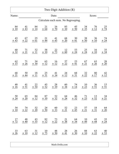 The Two-Digit Addition -- No Regrouping -- 100 Questions (R) Math Worksheet