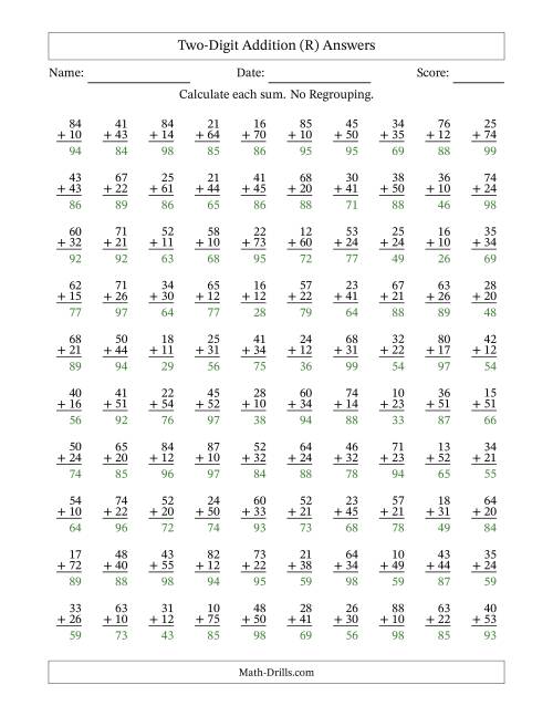 The Two-Digit Addition -- No Regrouping -- 100 Questions (R) Math Worksheet Page 2