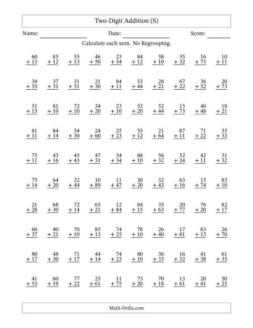 The Two-Digit Addition -- No Regrouping -- 100 Questions (S) Math Worksheet