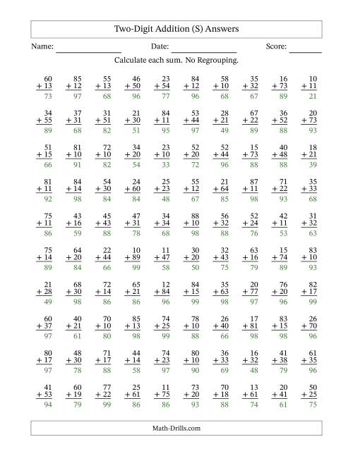 The Two-Digit Addition -- No Regrouping -- 100 Questions (S) Math Worksheet Page 2