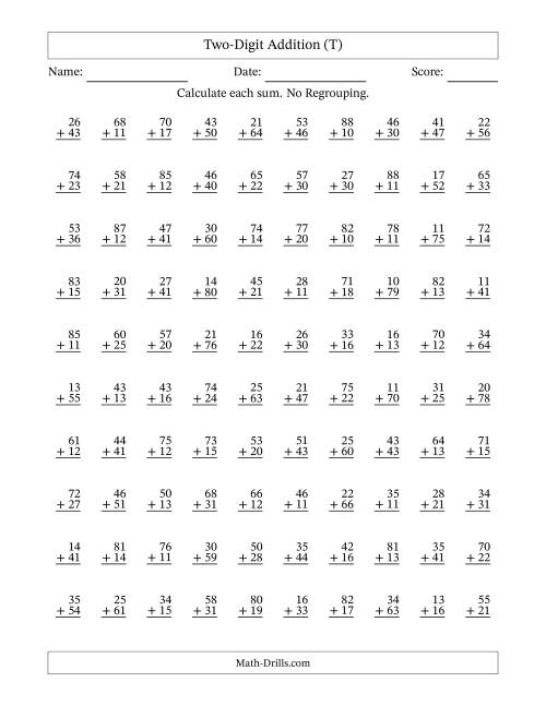 The Two-Digit Addition -- No Regrouping -- 100 Questions (T) Math Worksheet