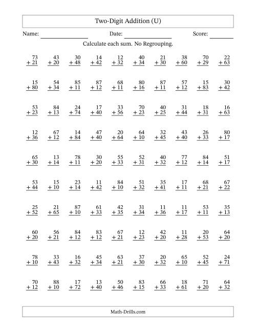 The Two-Digit Addition -- No Regrouping -- 100 Questions (U) Math Worksheet