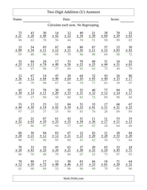 The Two-Digit Addition With No Regrouping – 100 Questions (U) Math Worksheet Page 2