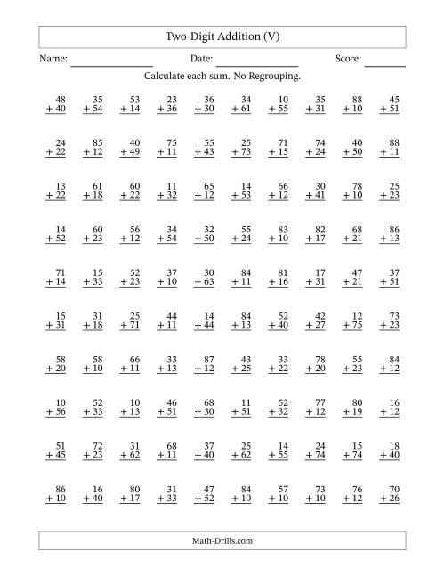 The Two-Digit Addition -- No Regrouping -- 100 Questions (V) Math Worksheet