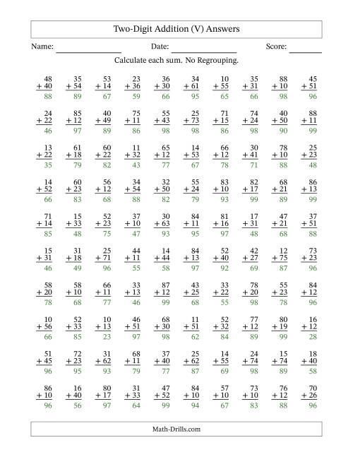 The Two-Digit Addition -- No Regrouping -- 100 Questions (V) Math Worksheet Page 2