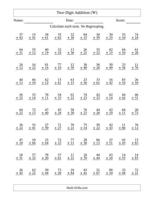 The Two-Digit Addition With No Regrouping – 100 Questions (W) Math Worksheet