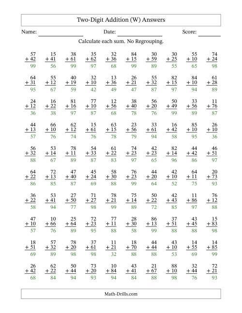 The Two-Digit Addition -- No Regrouping -- 100 Questions (W) Math Worksheet Page 2