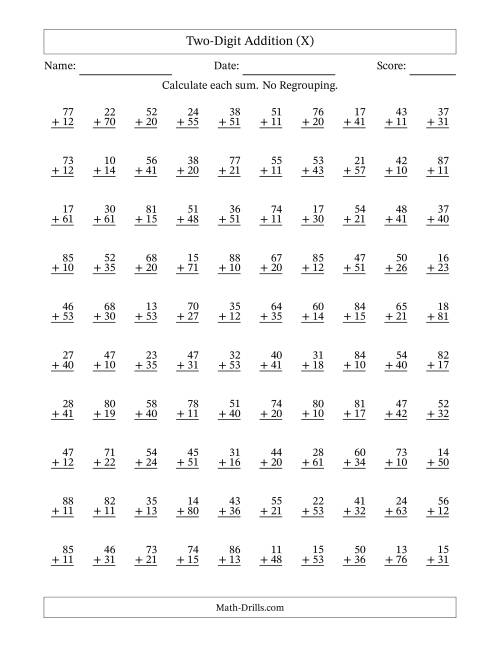 The Two-Digit Addition -- No Regrouping -- 100 Questions (X) Math Worksheet
