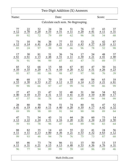 The Two-Digit Addition -- No Regrouping -- 100 Questions (X) Math Worksheet Page 2