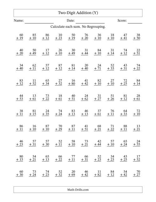 The Two-Digit Addition -- No Regrouping -- 100 Questions (Y) Math Worksheet