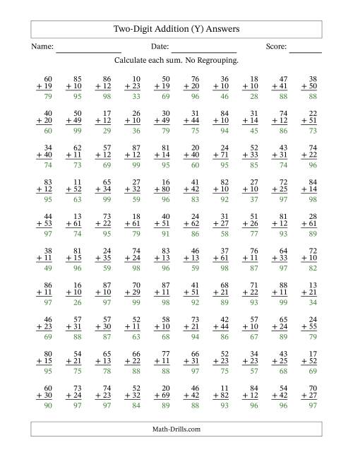 The Two-Digit Addition -- No Regrouping -- 100 Questions (Y) Math Worksheet Page 2