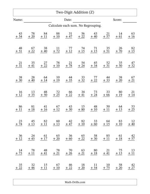 The Two-Digit Addition With No Regrouping – 100 Questions (Z) Math Worksheet