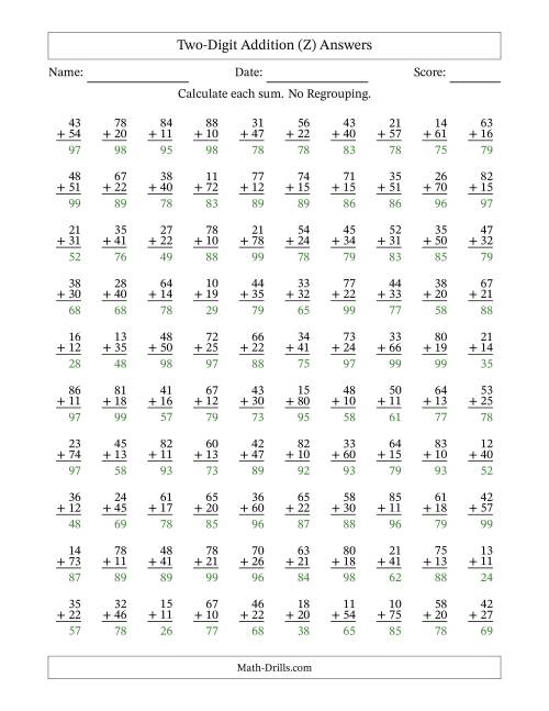 The Two-Digit Addition -- No Regrouping -- 100 Questions (Z) Math Worksheet Page 2