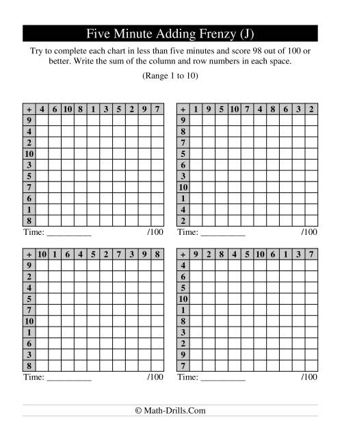 The Old Five Minute Frenzy -- Four Per Page (J) Math Worksheet
