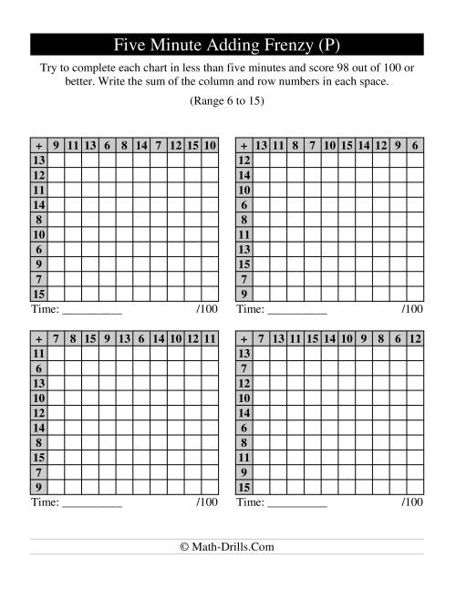 The Old Five Minute Frenzy -- Four Per Page (P) Math Worksheet